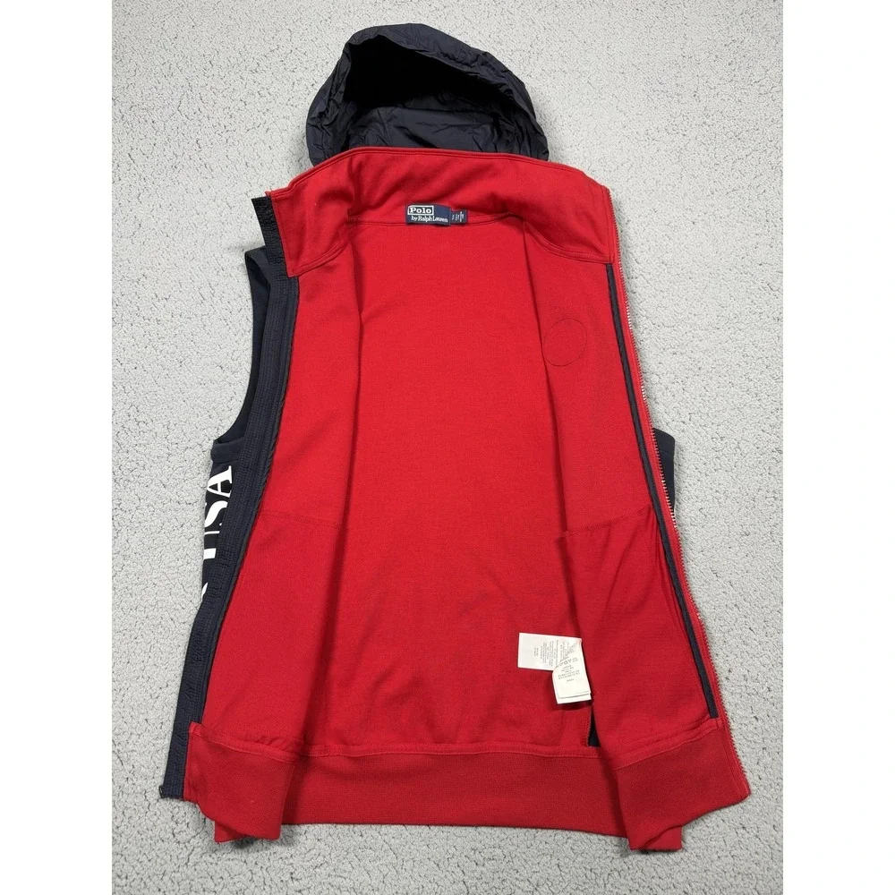 Polo Ralph Lauren Ski USA Vest Mens Small Red Fleece Graphic‎ Hooded Zip Polo